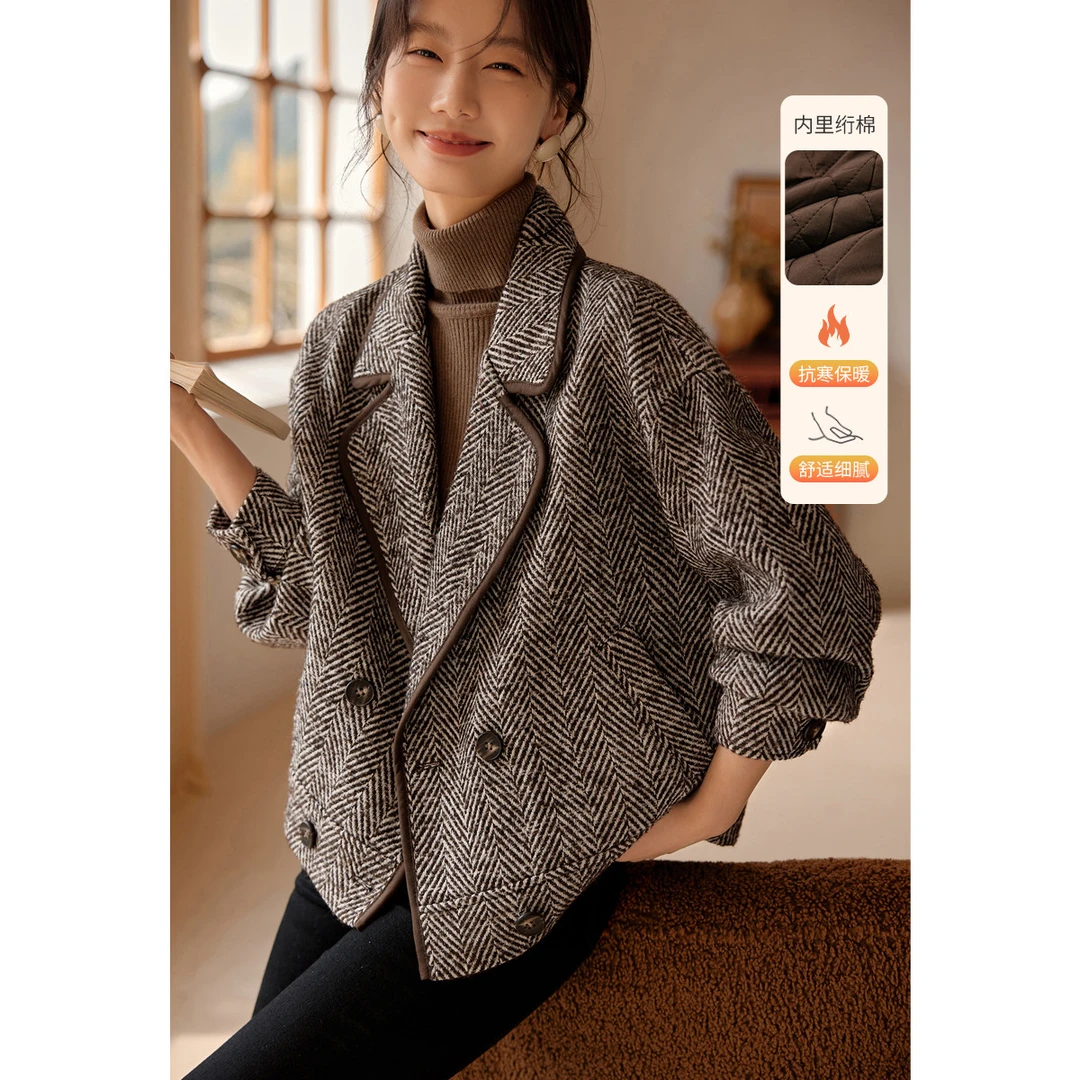 XWI/欣未【人字纹绗棉肌理外套】2023冬新款女领口包边设计人字纹