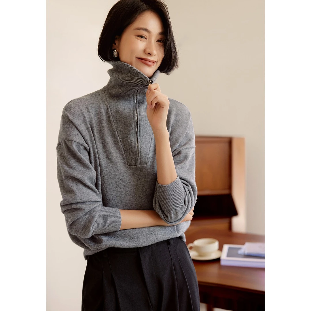 XWI/欣未2023秋冬新款简约大气大翻领百搭温暖休闲女式针织衫长袖