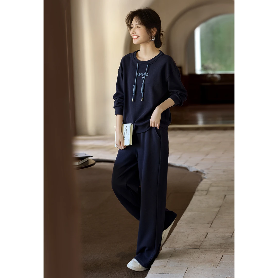 XWI/欣未休闲运动拼色刺绣卫衣套装24早秋宽松休闲斜纹肌理套装女