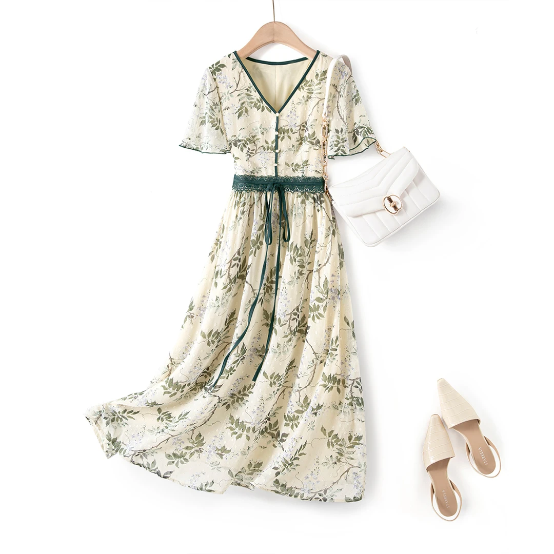 XWI/欣未丨印花收腰系带撞色裙子2025年夏季女款时尚气质优雅裙子