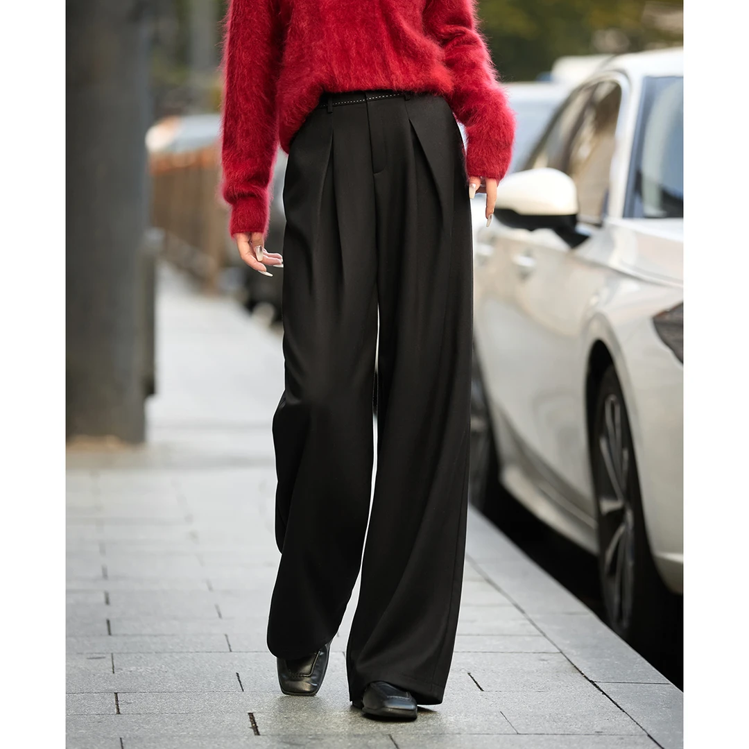 XWI/欣未【直播】毛感窄版阔腿裤2024冬季拱针设计工字褶简约百搭裤