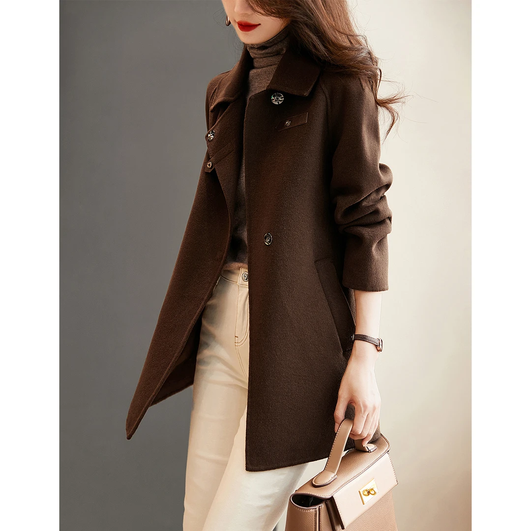 XWI/欣未2023秋冬新款中长款双面羊毛毛呢呢咖啡色大衣小个子女装