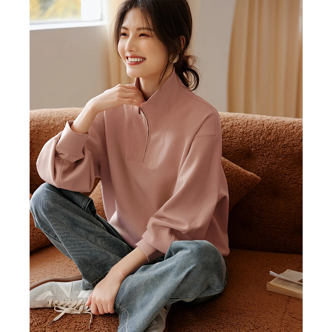 XWI/欣未2024秋冬新款女百搭休闲通勤翻领纯色立领廓形设计感卫衣