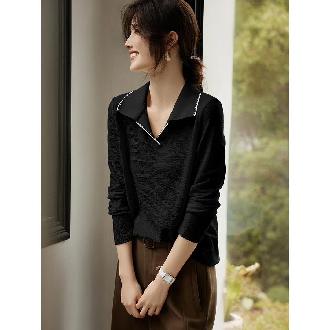 XWI/欣未肌理感撞色刺绣polo领T恤女2025秋季气质时尚长袖T恤2071