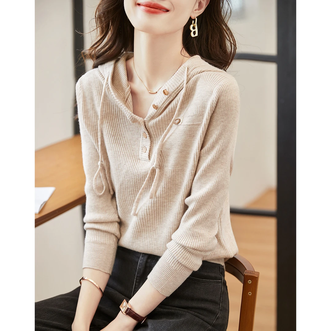 XWI/欣未24秋款时尚休闲连帽针织衫百搭通勤优雅气质女装外套上衣