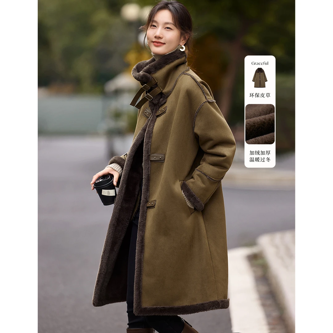 XWI/欣未中长款环保皮毛一体加厚外套2024秋冬新款气质保暖上衣女