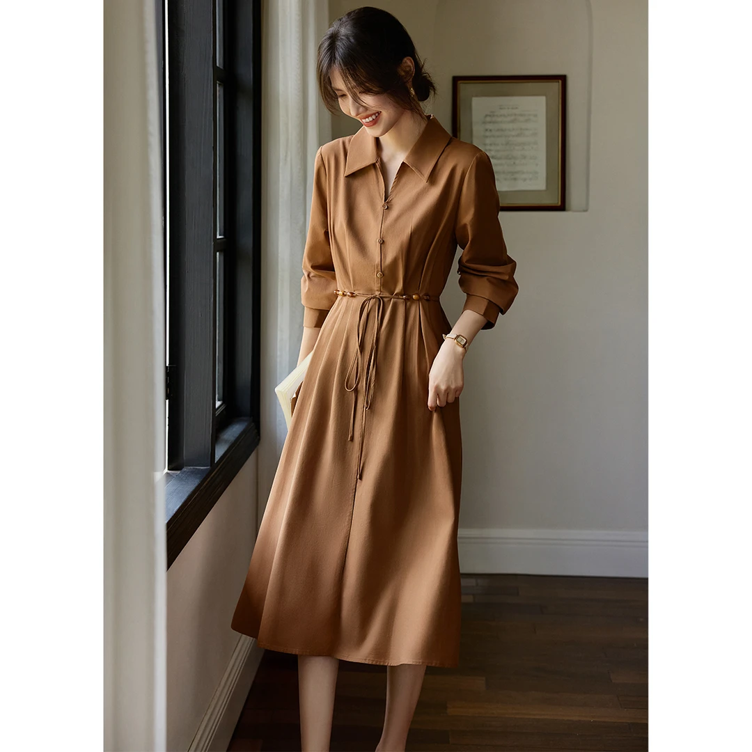 XWI/欣未知性优雅衬衫领腰部珠饰穿绳装饰连衣裙2024秋长袖连衣裙