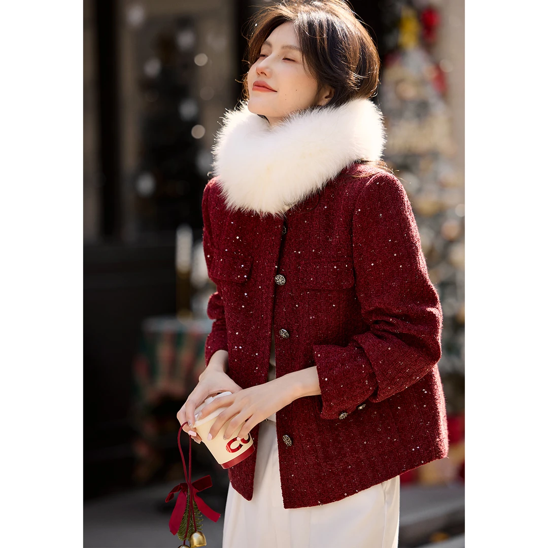 XWI/欣未浪漫热烈节日氛围闪片小香风外套2025冬季保暖气质外套女