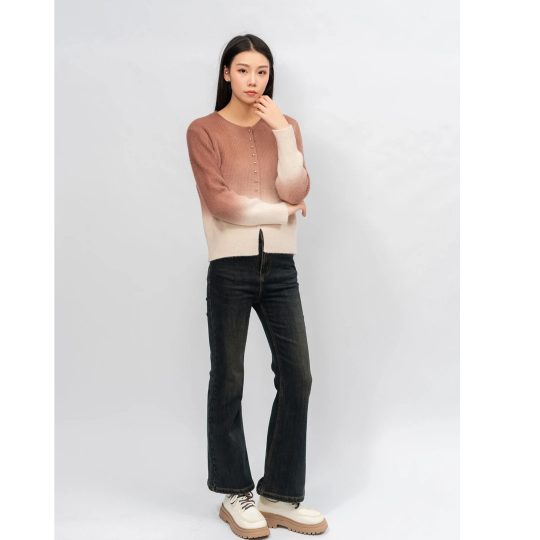 OO&VV渐变色百搭新款冬季气质修身显瘦拼接领口毛针织上衣女