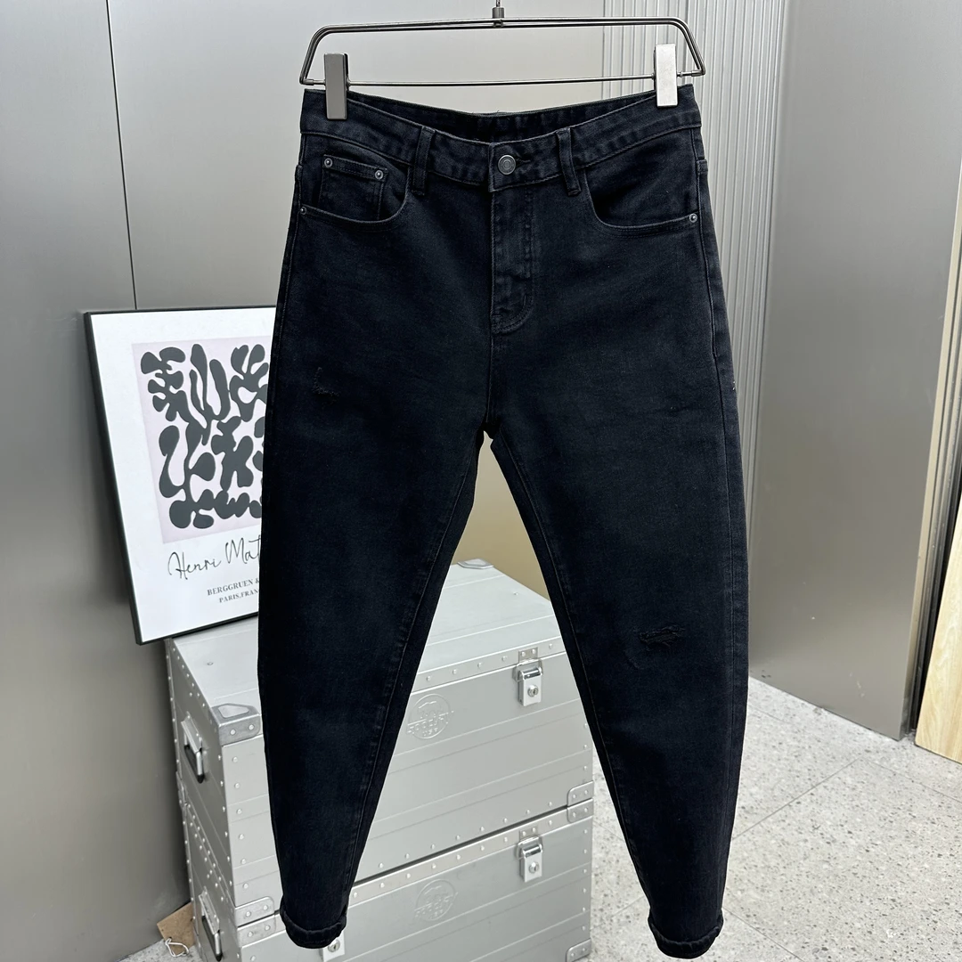 春秋黑灰色破洞不漏肉男士修身牛仔裤潮流时尚百搭韩版弹力牛仔裤