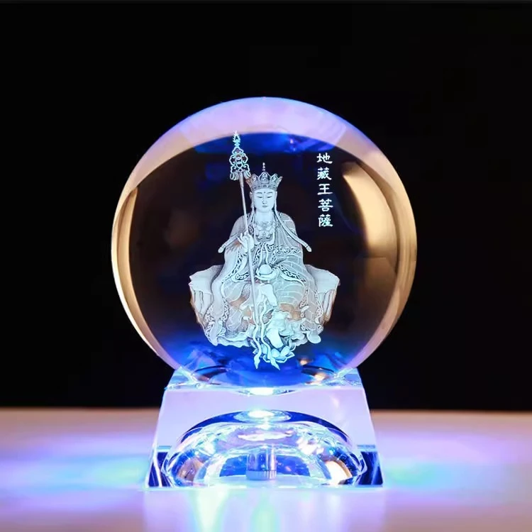 水晶球内雕发光如来观音菩萨西方三圣地藏王文殊菩萨佛像唐卡摆件