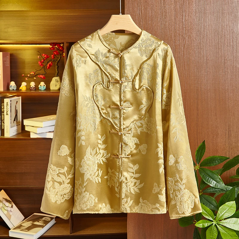 新中式 国潮2024秋装新款桑蚕丝提花盘扣衬衣外套女