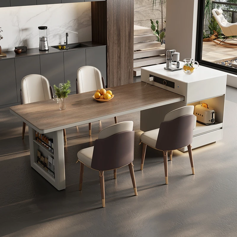 新中式原木岛台餐桌一体家用可伸缩岩板中岛台高端轻奢导台一体桌