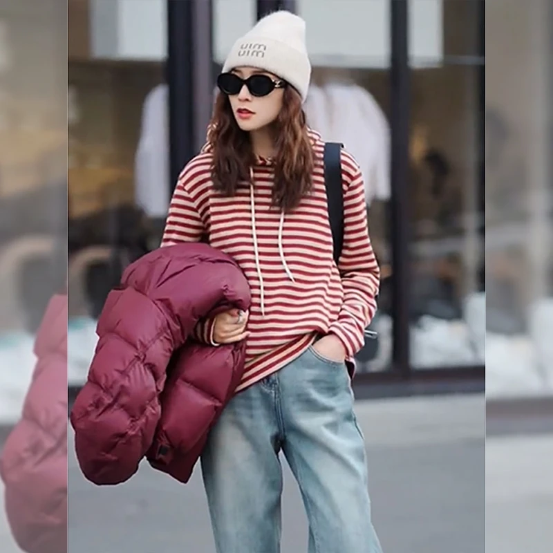 红色条纹连帽卫衣女秋季2024新款慵懒宽松休闲帽衫高级感内搭上衣