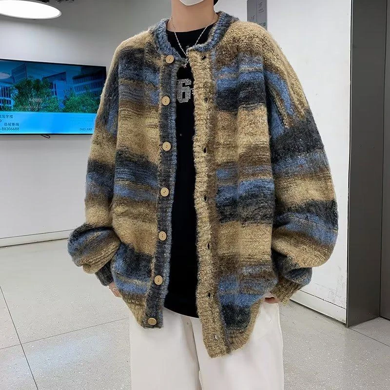 复古渐变条纹撞色软糯针织衫男士秋冬季慵懒风宽松百搭开衫外套潮