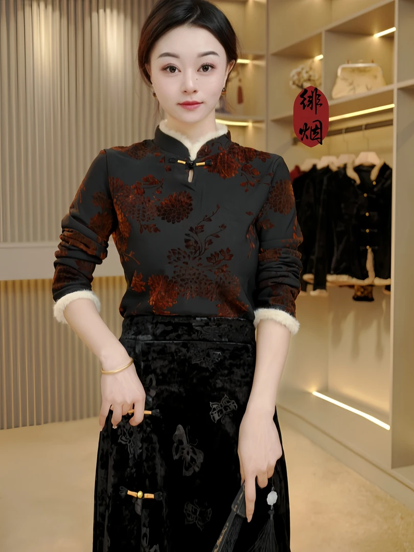 【倚楼】2024新款气质长袖中国风加绒修身立领秋冬女士T恤上衣