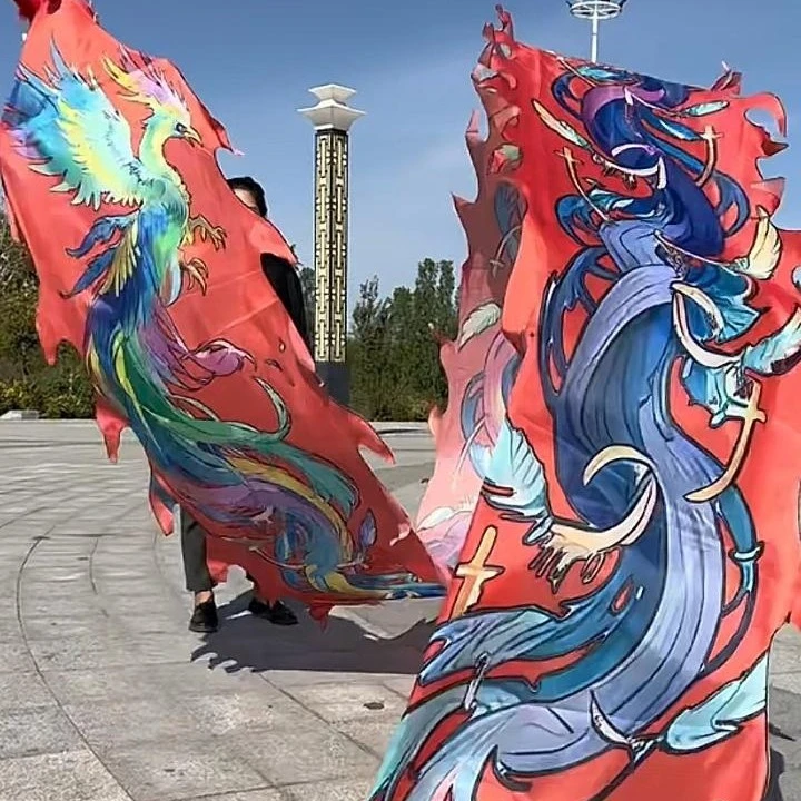 广场彩带甩龙凤舞九天彩绸中老年表演舞龙道具
