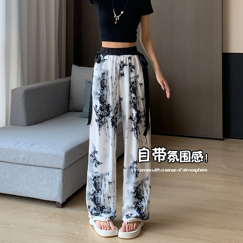 新中式国风水墨画冰丝阔腿裤女夏季薄款垂感直筒裤高腰印花花裤子