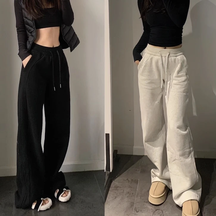 白灰色运动裤女秋冬爆款加绒宽松高腰卫裤慵懒风垂感休闲阔腿裤