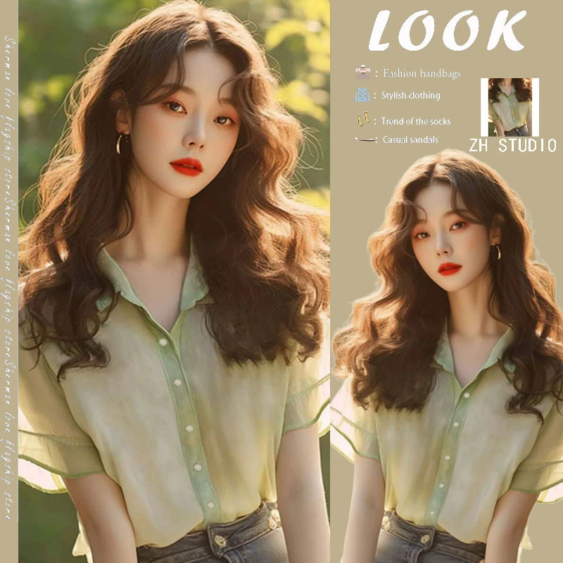 今年流行爆款法式独特别致小上衣气质超好看减龄印花短袖衬衫女夏