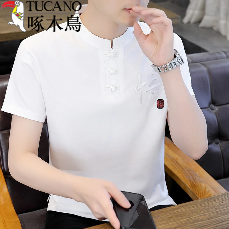 啄木鸟中国风盘口短袖T恤男宽松休闲凉感上衣复古绣花半袖打底衫