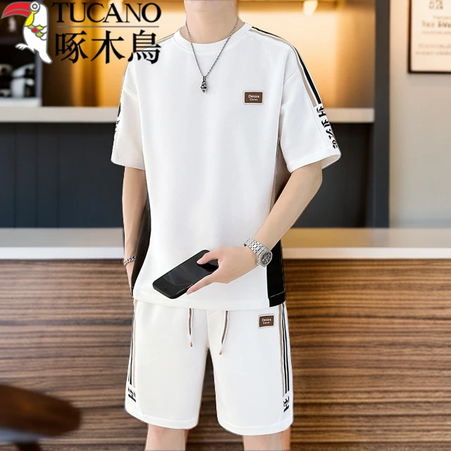 啄木鸟短裤男士夏季潮牌宽松直筒五分篮球中裤子速干休闲运动套装