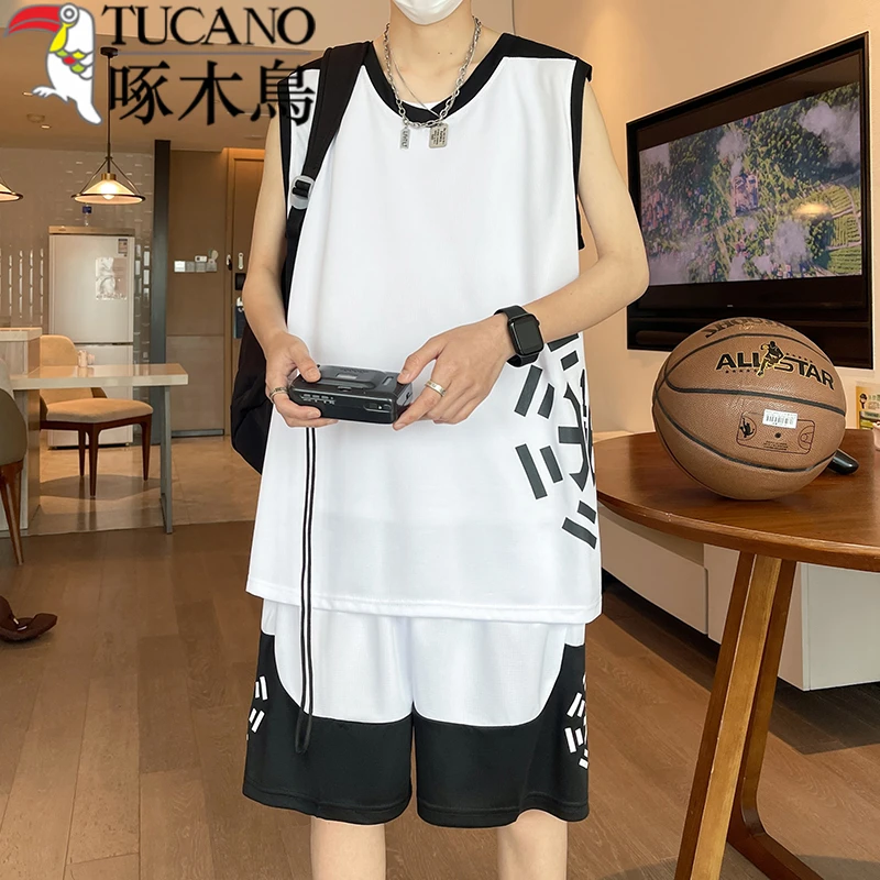 啄木鸟青少年夏装篮球服无袖T恤背心运动套装男士跑步休闲训练服