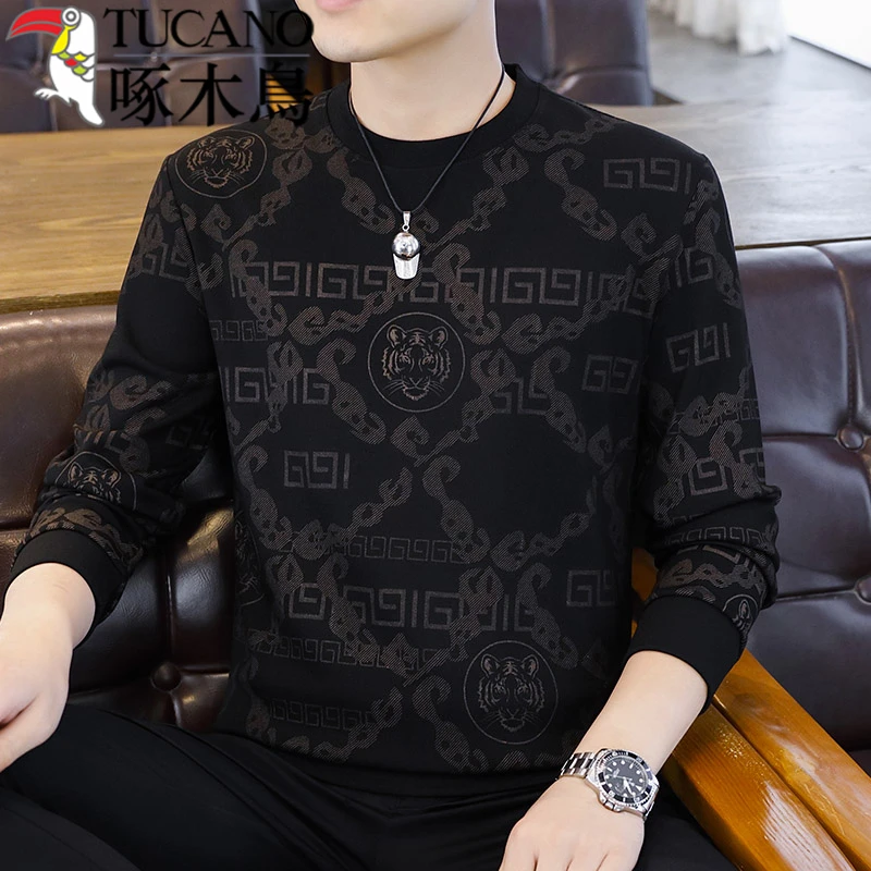 啄木鸟男士圆领虎头霸气卫衣休闲打底衫春秋装中青年衣服长袖T恤