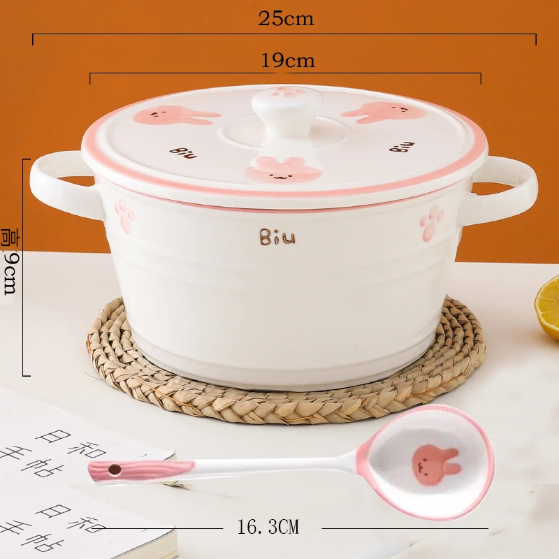 宠粉福利  小萌兔双耳大汤碗带盖加勺8英寸 釉下彩工艺
