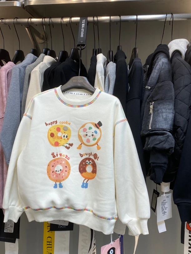 冬季一体绒纯色卡通卫衣