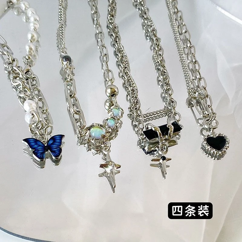 新款缠绕石项链组合套装蝴蝶珠珠拼接小众设计感高级锁骨链配饰潮
