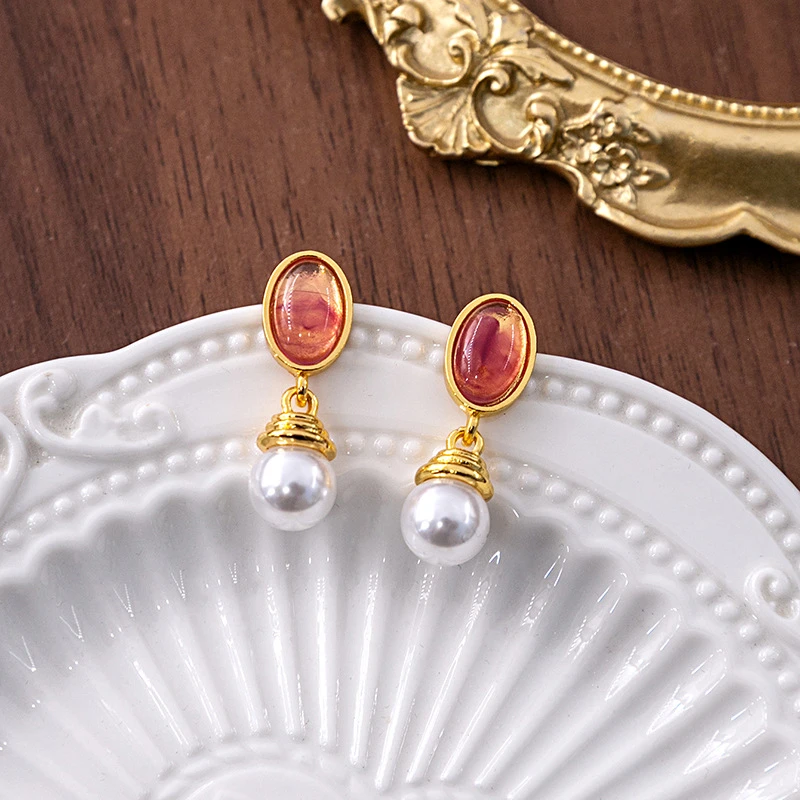 宫廷风小众几何圆形彩色耳坠高级感耳饰女法式复古椭圆珠珠耳环潮