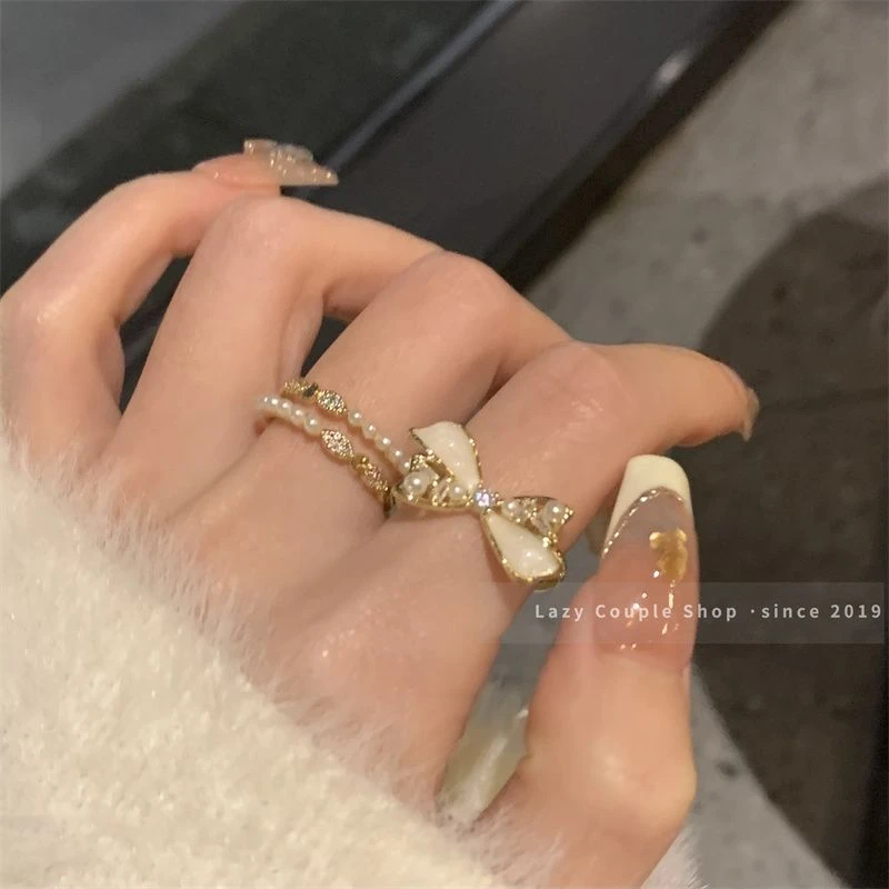 这么叠戴贼美~温柔蝴蝶结戒指冷淡风高级ins轻奢超仙珠珠小众指环