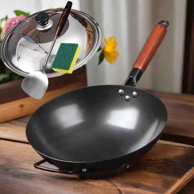 已开锅圆底煤气炉加厚精铁锅家用无涂层炒锅老式铁锅家用炒锅