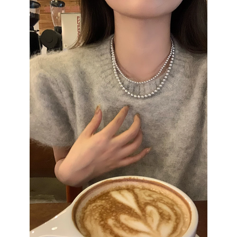 合金仿珍珠项链 法式复古灰珍珠项链高级感气质毛衣链颈链C146