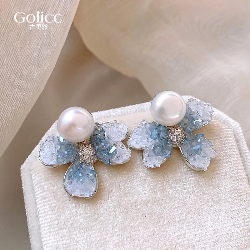 铜合金仿水晶耳饰 渐变水晶花朵耳坠珠珠耳钉女小众设计感耳饰185