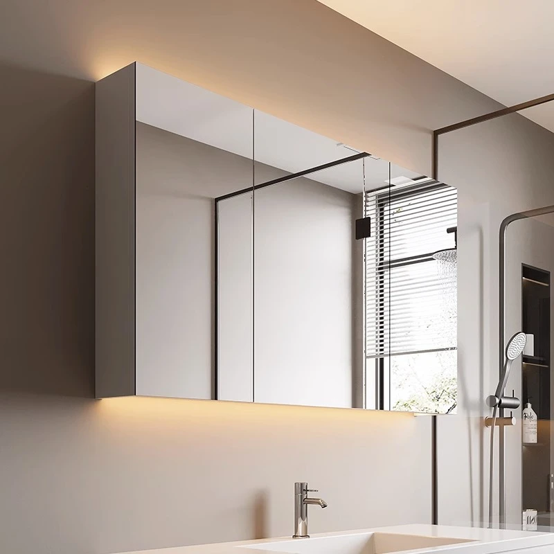 智能浴室镜柜单独挂墙式带灯除雾卫生间梳妆镜子实木带置物架收纳