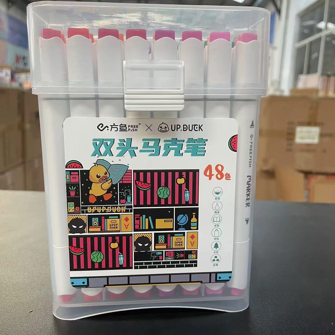 方鱼48色双头水性马克笔大粗杆水彩笔儿童绘画三角杆速干彩色画笔