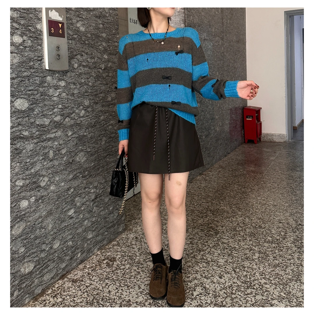 方和屿.2024秋季新款软糯条纹针织圆领套头时尚拼色毛衣6198