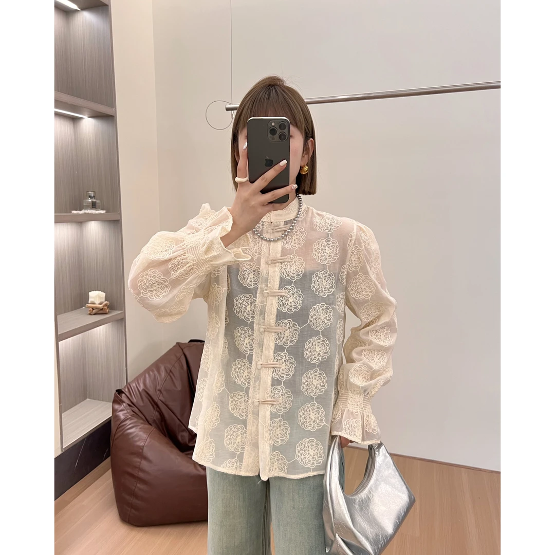 方和屿.2024新款高级百搭气质上衣新中式盘扣蕾丝衬衫女A05-23053