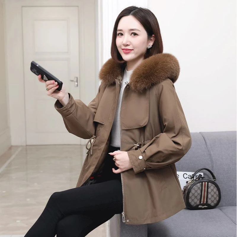 2023时尚冬季女士中长款洋气内胆加厚外套显瘦连帽连帽大毛领百搭