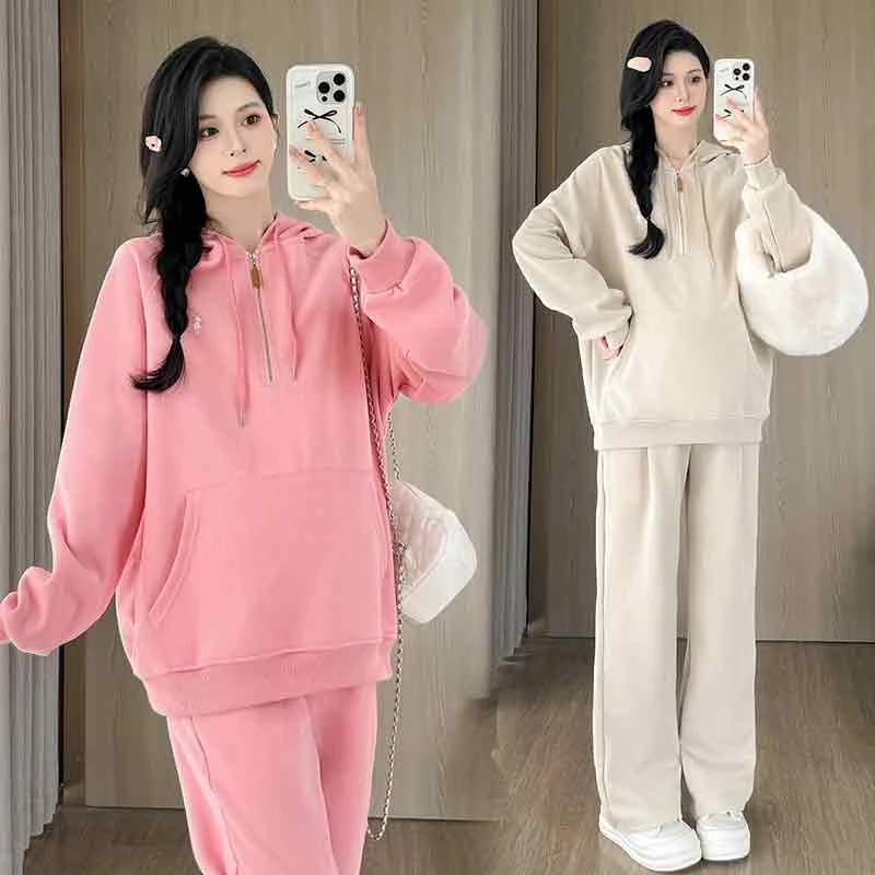 大码孕妇春秋款时尚套装宽松长袖连帽卫衣托腹阔腿裤两件套200斤