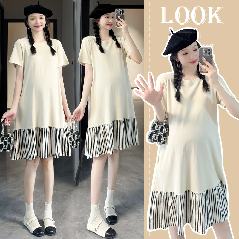 大码孕妇夏季新款时尚拼接连衣裙女宽松显瘦中长款假两件孕妇裙子