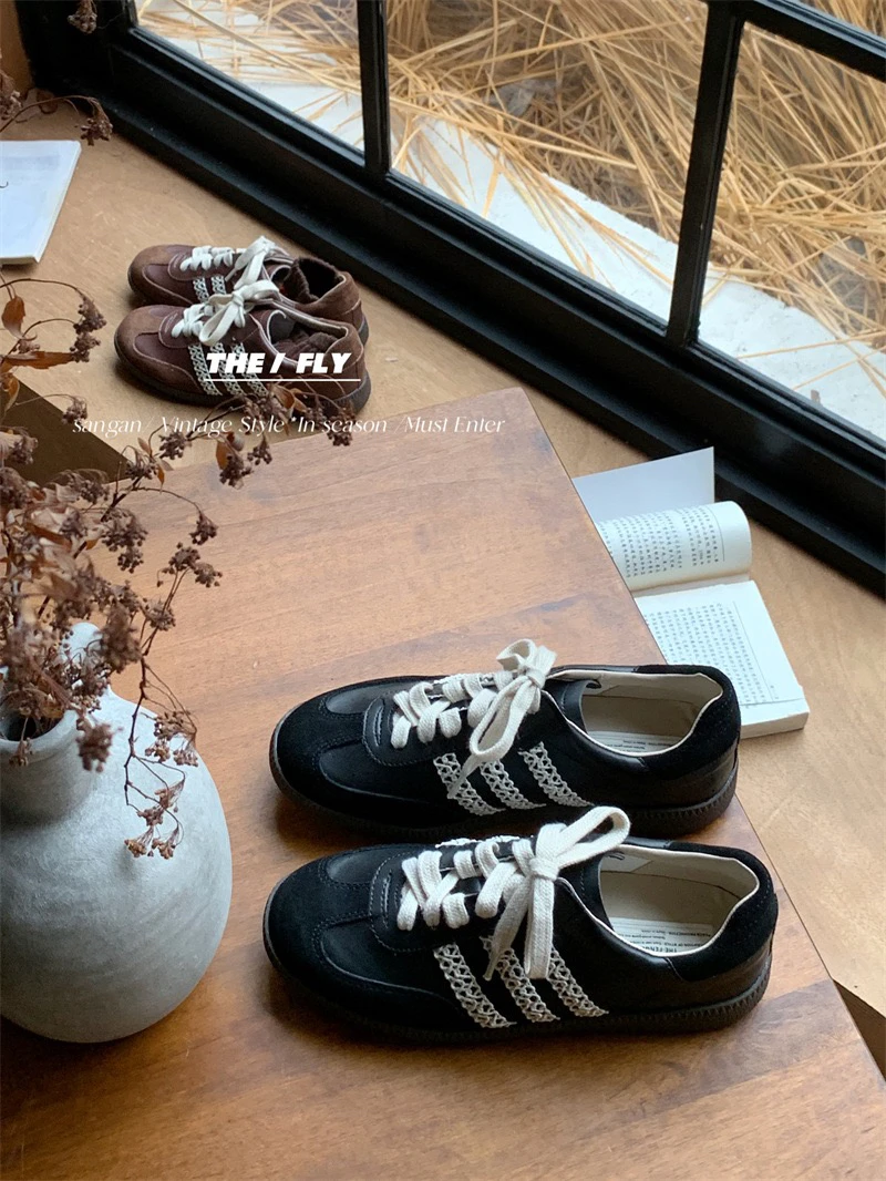 拼色德训鞋复古圆头系带休闲鞋女款2024年秋冬季学院风阿甘鞋平底