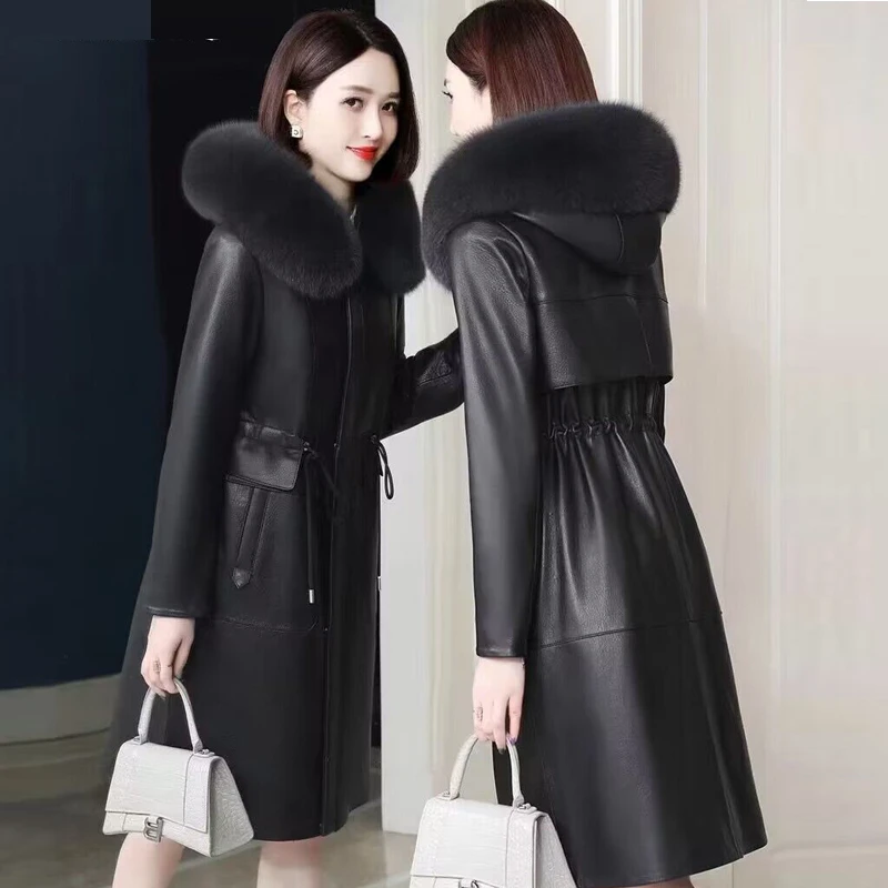 中长款皮衣皮衣女外套显瘦大衣时尚加绒修身加厚秋冬大毛领韩版