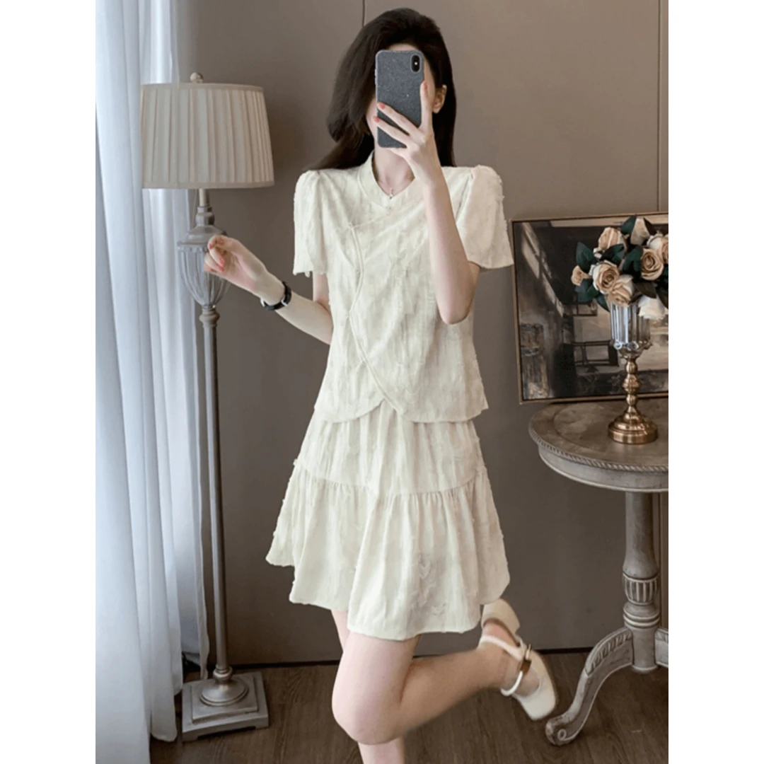 国风高级感时尚套装夏季2025新款杏色提花短袖上衣短裙两件套女装