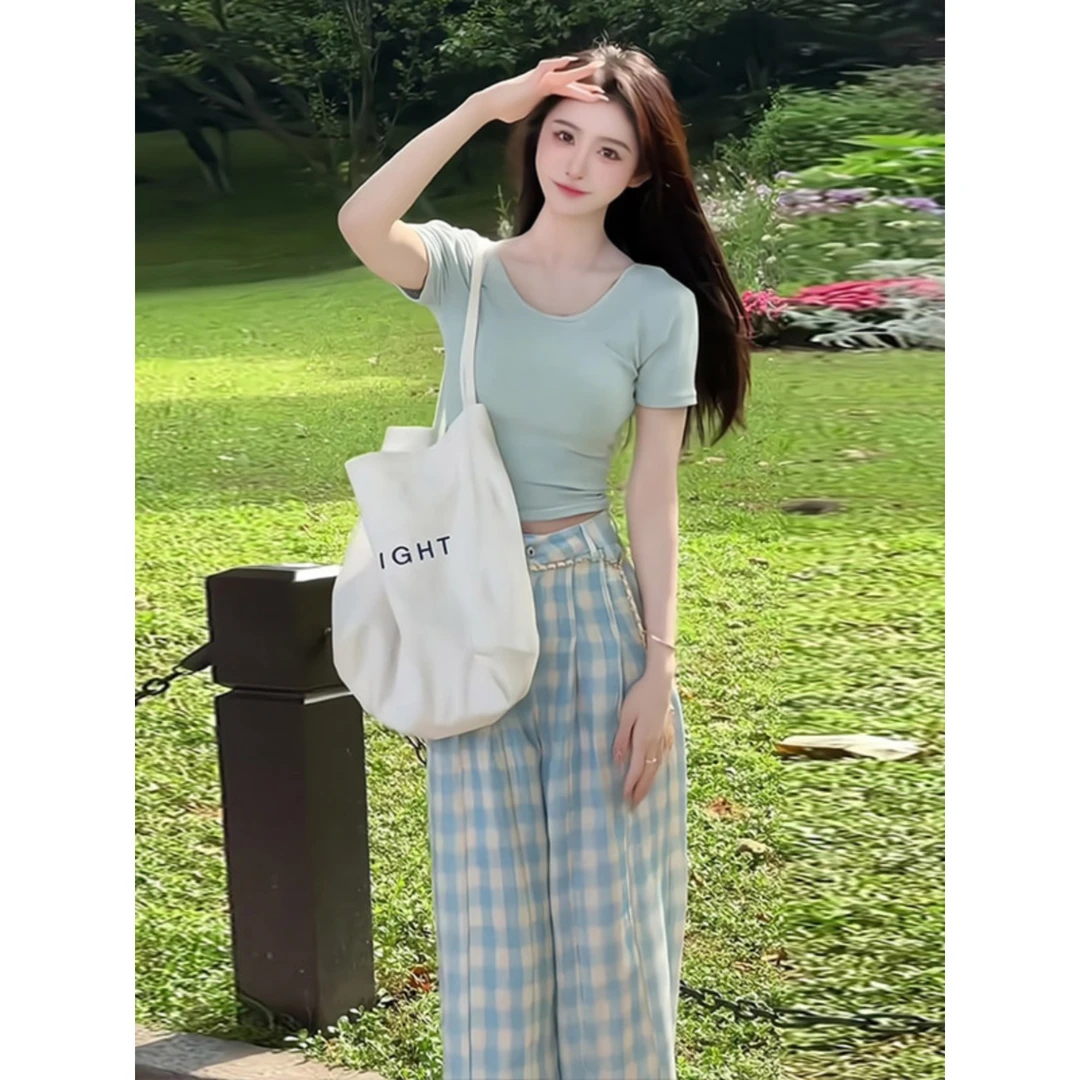 韩系气质简约修身显瘦U领T恤上衣2025夏季新款设计感蓝白格阔腿裤