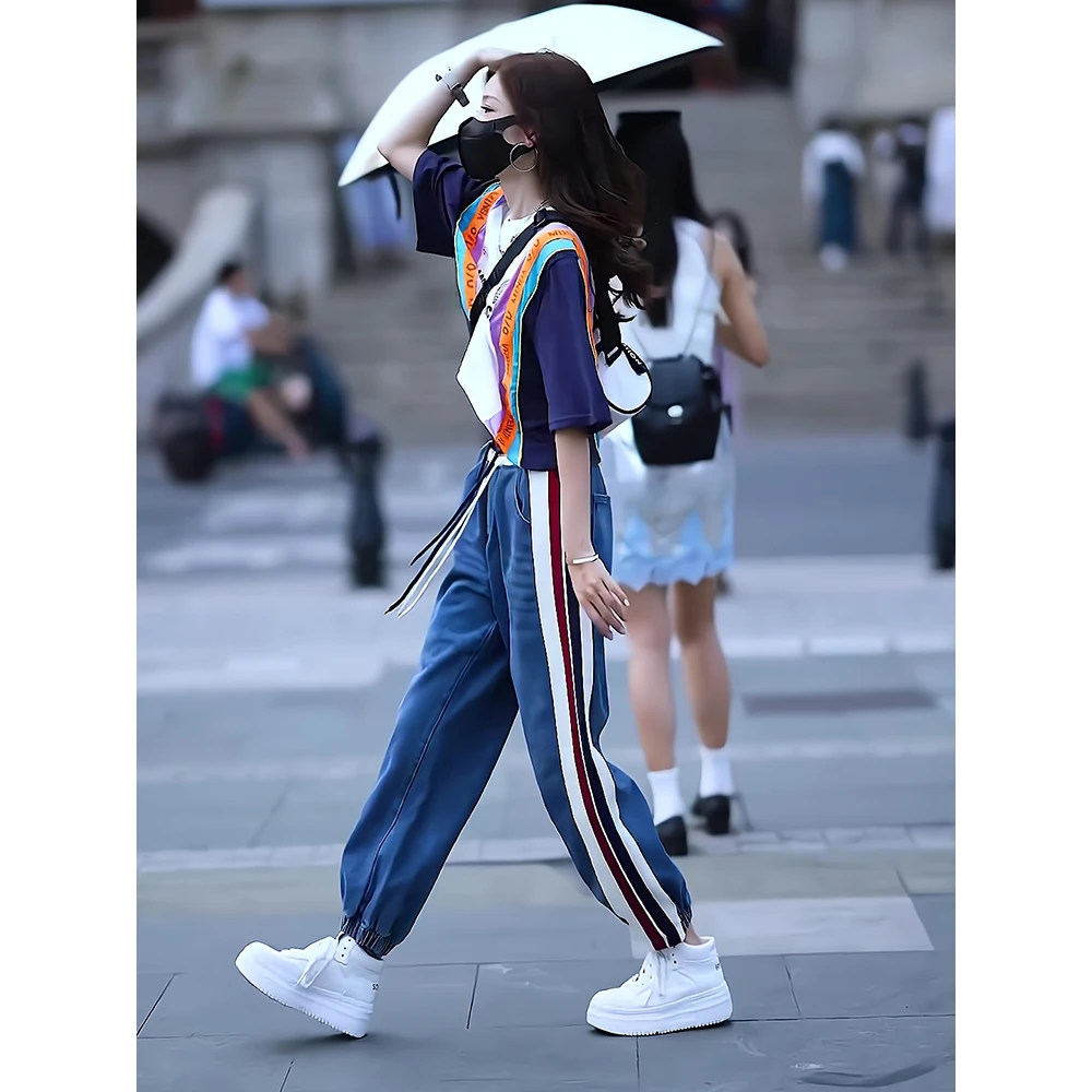 美式休闲运动服套装2025夏季新款撞色短袖T恤抽绳束脚裤两件套女