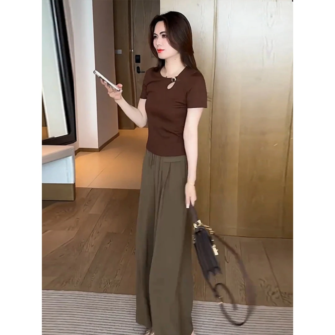 咖色盘扣新中式修身上衣2025夏季新款简约棕色阔腿裤女气质两件套