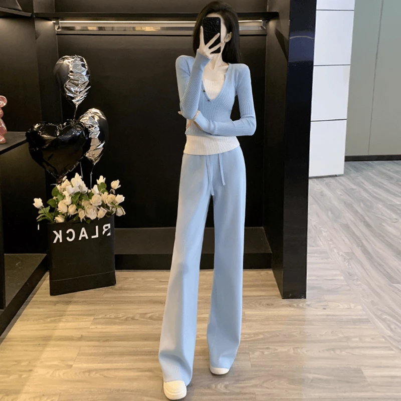 硫酸铜穿搭休闲时尚套装女2025秋季盐系轻熟针织上衣阔腿裤两件套